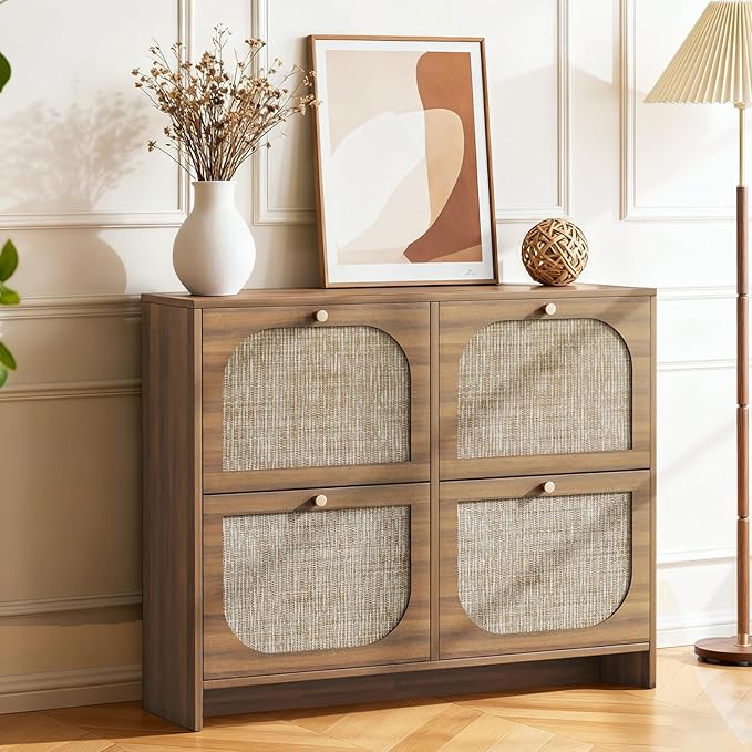 Nicetree Rattan Arched Accent Shoe Storage Cabinet - Freestanding Ultra Slim for Entryway 4 Flip Drawers &amp 3-Tier Adjustable Shelves Farmhouse Modern Rustic Shoe Rack for Hallway Foyer Living