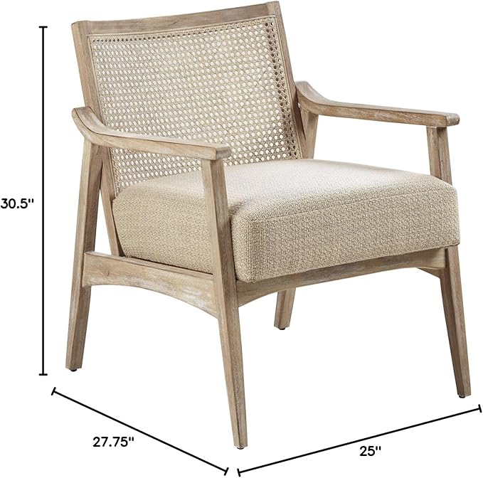 INK+IVY Kelly Accent Chair For Living Room Upholstered 6.25 T Seat Cushion Solid Wood Frame Cane Backrest Farmhouse Accent Armchair Family Room Rustic Furniture Décor 25W Light Brown