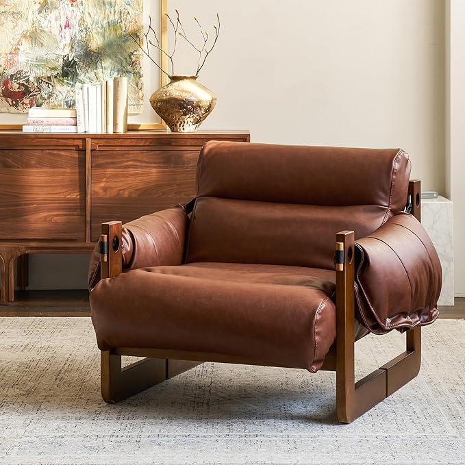 Vintage Solid Wood Frame Lounge Chair with Resilient Silk-Cotton Fill &amp Ergonomic Support for Living Spaces (Brown Two Chairs)
