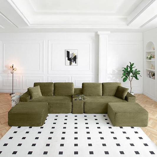 150 Oversized U Shaped Cloud Sectional Couches for Living Room Comfy Fluffy Corduroy Upholstered Boneless Couch Large Modular Sectional Sofa with Ottomans Cup Holder USB Port Console | Storage