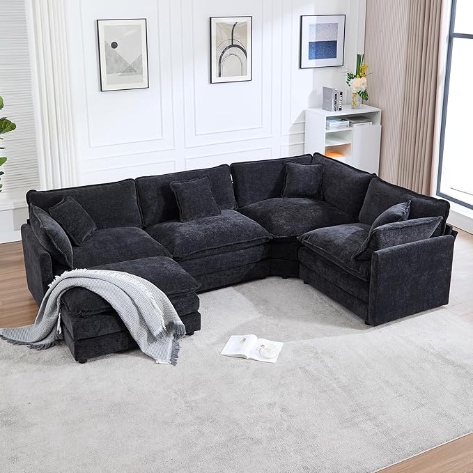 Modular Cloud Sectional Sofa Modern Chenille L Shaped Sectional Couch with Ottoman &amp Pillows 5 Seater Deep Seat Corner Couches for Living Room Apartment Office Black