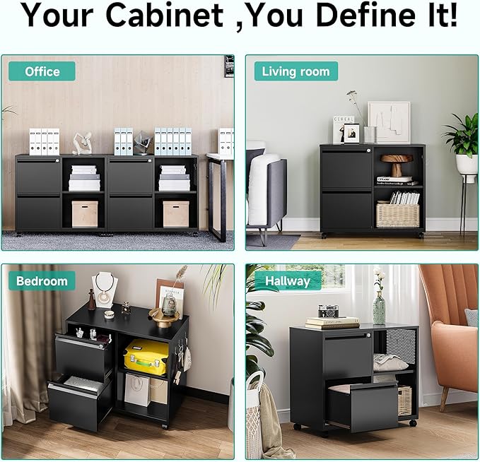 SISESOL 2 Drawer File Cabinet with Lock and ShelfMobile Lateral Filing CabinetMetal Filing Cabinets with Open Storage Shelves Organizer for Home Office Fit Legal/Letter A4 Size (Black)