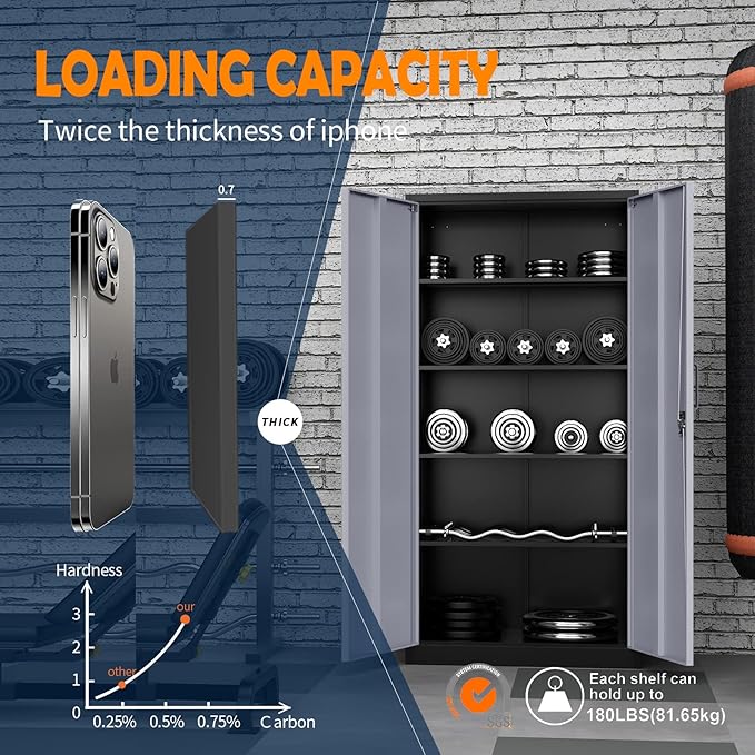 Yizosh Metal Storage Cabinet with Locking Doors and 5 Adjustable Shelves 72 Garage Storage Cabinet Steel Lockable for OfficeHomeGarage