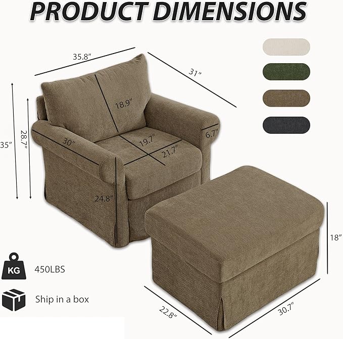 Modern Accent Chairs with Ottoman Set Comfy Chenille Reading Armchair with Rolled Arms and Cushion Backrest 35.8 W Chaise Lounge Chair for Living Room Bedroom Study Apartment Brown