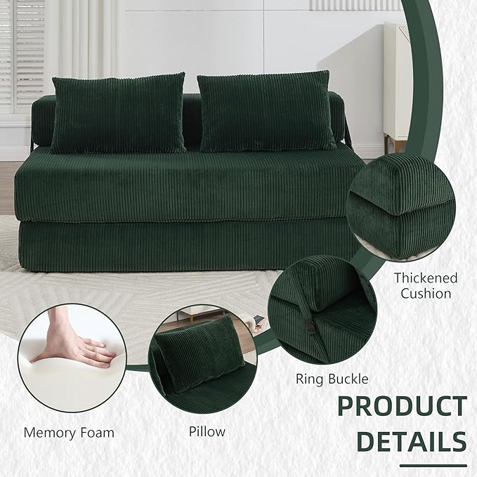 GNIXUU Fold Out Couch 3-in-1 Convertible Futon Sofa Bed with 2 Pillows Corduroy Foldable Floor Chair Boneless Loveseat Couches for Living Room Bedroom Small Spaces Green