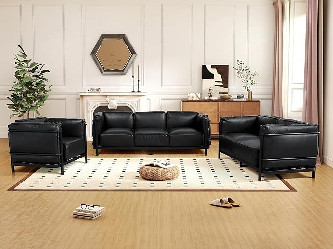 Minimalist Style 3 Seater Sofa Mid-Century Modern Faux Leather Sofa Couch with Fixed-Shape Iron Frame Upholstered Couch Chair for Living Room Office Apartment (Black Loveseat Sofa)