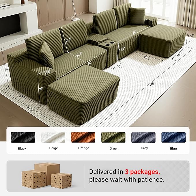 150 Inch Modular Sectional Sofa Couch Oversized Modern Cloud Couch for Living Room U Shape Couches with 2 Ottomans USB Ports and Cup Holders Green Corduroy Boneless Sofas Sofa in a Box