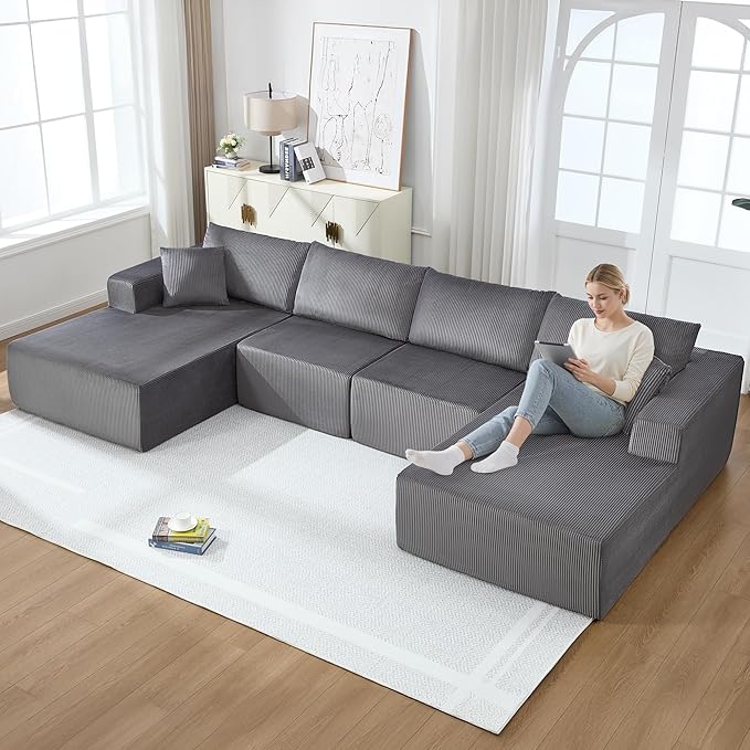 Modular Sectional Sofa146 U-Shaped Boneless Sofa for Living RoomOversized 4-Seater Deep Seat Cloud CouchesCorduroy Upholstered Corner Sofa CouchNo Assembly RequiredDarkgrey