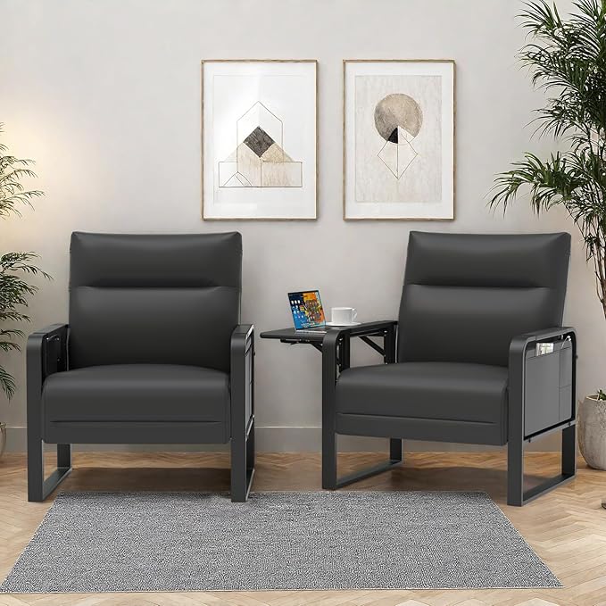 Modern Accent Chair Set of 2 Mid Century Armchair with Side Table &amp Metal LegsUpholstered Faux Leather Sofa Side Chairs for Living Room Reading OfficeBedroom(Black)
