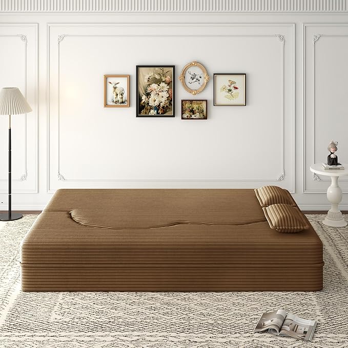 Hommoo Convertible Sleeper Sofa Bed Futon Sofa Folding Mattress Couch Full Size Corduroy 2 in 1 Compression Floor Lounge Couch High Density Foam for Living Room/Guest Room/Apartment Camel