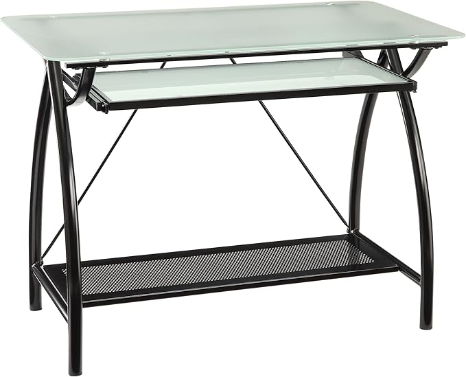 OSP Designs OSP Designs Newport Computer Desk with Frosted Tempered Glass Top Pullout Keyboard Tray and Black Powder Coated Steel Frame