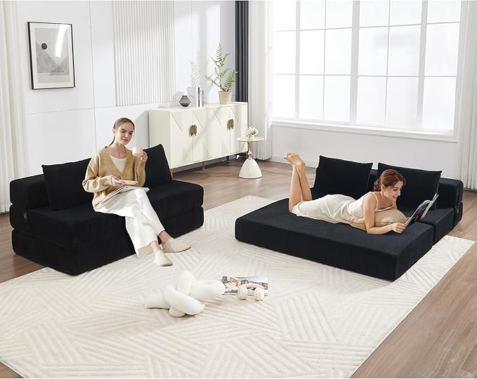 KIVENJAJA Folding Sofa Bed Full Size 3-in-1 Convertible Sleeper Sofa Corduroy Foldable Boneless Floor Futon Couch with Backrest &amp Pillows for Home Living Room Office Apartment Small Spaces Blac
