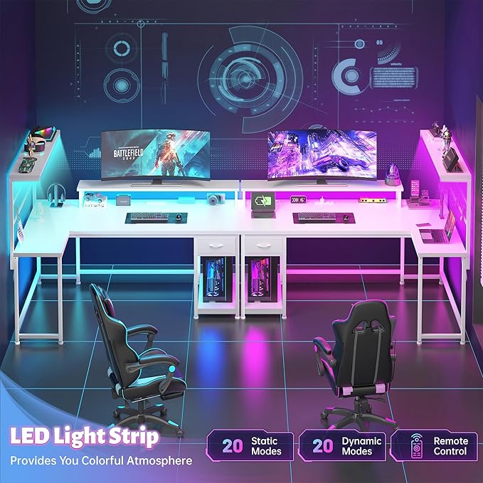 EnHomee 53 L Shaped Gaming Desk with Monitor with Hutch &amp Monitor Stand Office Desk with Drawers &ampHooks Computer Desk with LED Light &ampPower OutletHome Office Writing Desk White