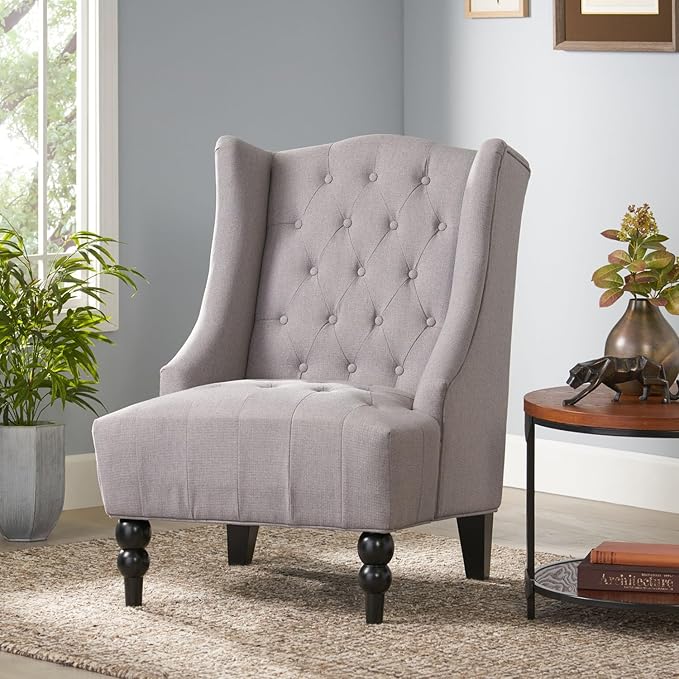 High-Back Velvet Wingback Chair Navy Blue Accent Chair with Button-Tufted Design &amp Birch Wood Legs 27.5”W x 33.75”D Upholstered Club Chair for Living Room Victorian (Fabric Gray)