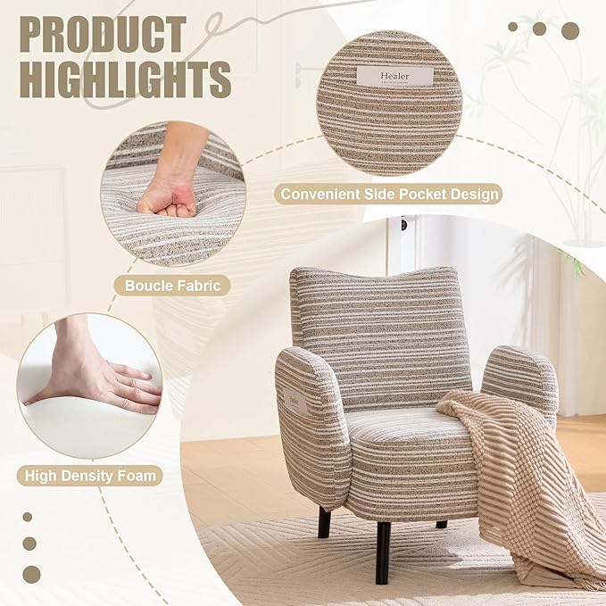 Modern Upholstered Armchair with Side Storage Pocket Fabric Reading Chair with Solid Wood Legs Ergonomic Accent Chair for Living Room Bedroom &amp Office (Khaki)