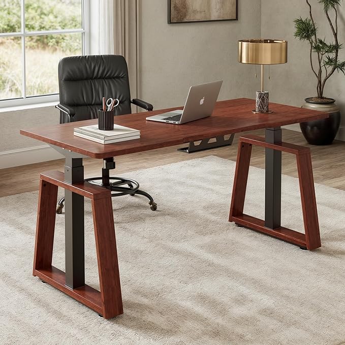 EUREKA ERGONOMIC Electric Standing Desk 63inch Executive Computer Desk Adjustable Height Desk Modern Trapezoidal Leg Sit Stand Desk Smart APP&ampTouch Screen Cherry Top