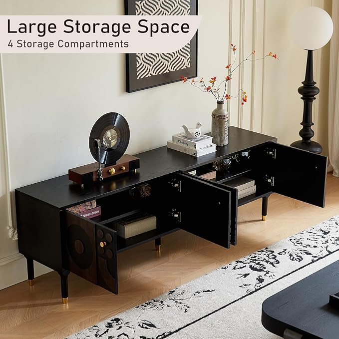 Modern TV Stand for 75 inch TV 66.9 Entertainment Center with Carved Geometric Doors TV Console with 4 Cabinet Storage Retro Art-Inspired Media Console for Living Room/Bedroom - Black