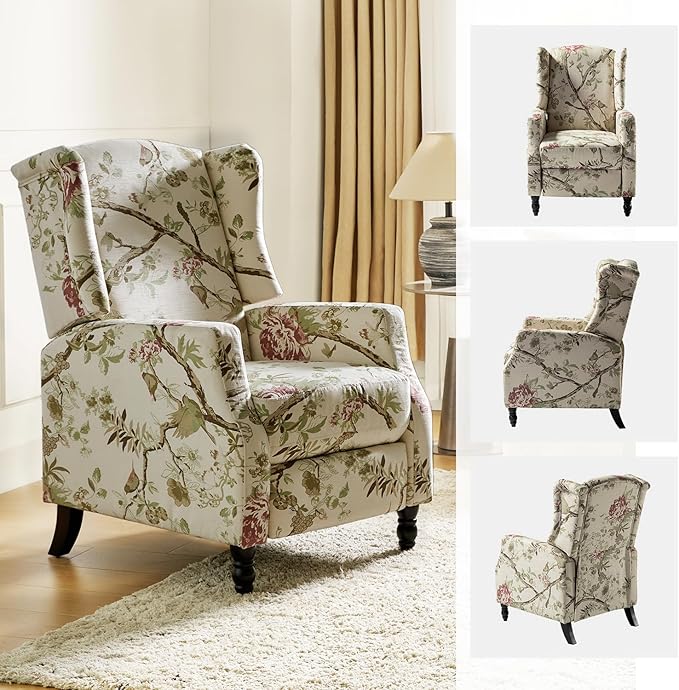 HULALA HOME Wingback Recliner Chair Traditional Push Back Recliner Single Sofa Chair with Solid Wood Legs Modern Lounge Armchair for Living Room Comfy Upholstered Accent Reclining Bird