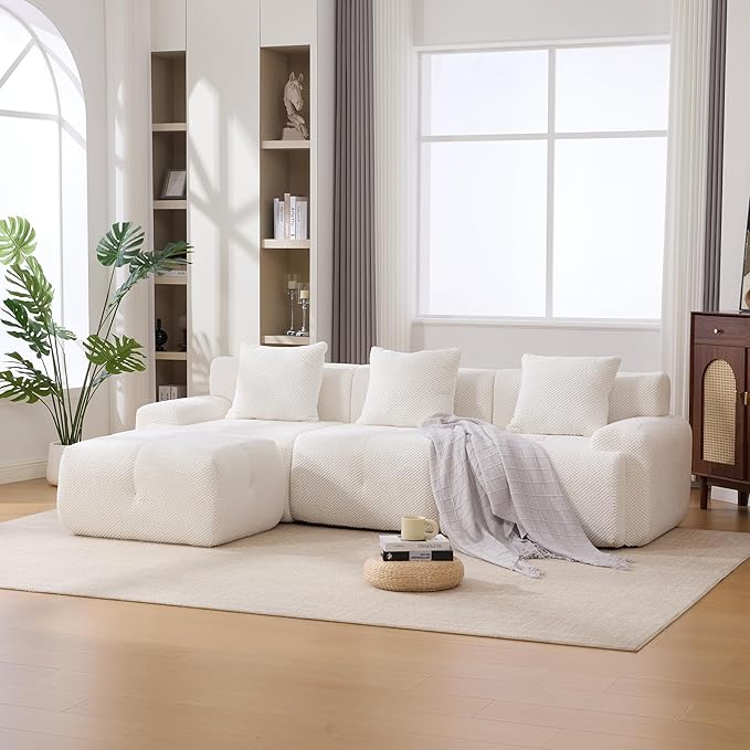 104.3 Modular Sectional SofaModern L-Shaped Couch with Movable Ottoman &amp Deep SeatFuzzy FabricNo AssemblyBoneless Couch for Living Room