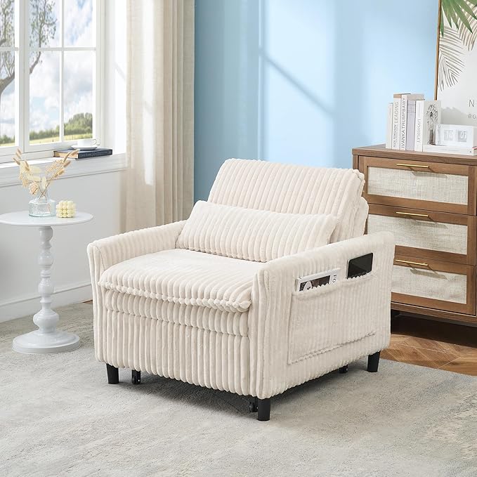 3-in-1 Convertible Sofa Chair BedPull Out Couch Single Sleeper Chair Bedwith Adjustable Backrest with Side Pockets Lounge Sofa for Living Room Bedroom Small Spaces (Beige)