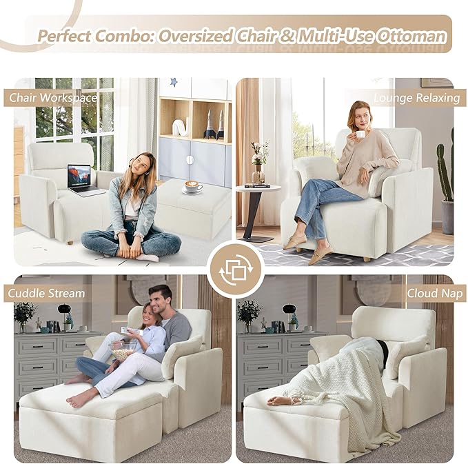 Oversized Accent Chair with Storage Ottoman Lounge Armchair with 2 Arm Pillows Deep Seat Chaise for Living Room Bedroom Beige