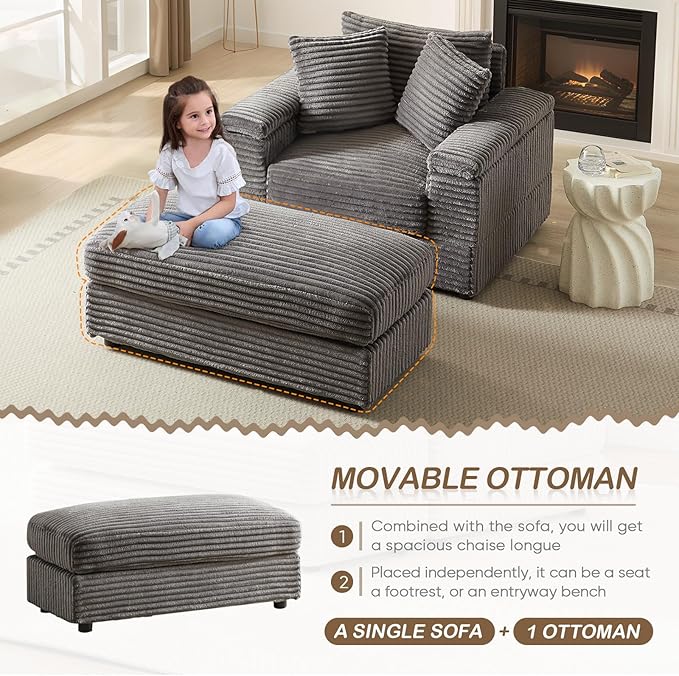 Chaise Lounge Chair Indoor 44 Inch Comfy Corduroy Sectional Cloud Couch Upholstered Single Sofa w/Movable Ottoman for Living Room Bedroom Apartment Grey
