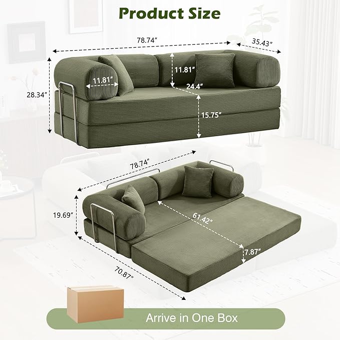 Sofa Bed 79 Convertible Sleeper Sofa with Pull Out Bed 5-in-1 Folding Corduroy Futon Couch Modular Loveseat Sofa Bed for Living Room Bedroom &amp Apartment Green