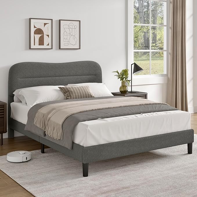 Queen Size Bed Frame with Headboard Upholstered Bed Frame Queen Size Teddy Soft Boucle Fabric Soft Cloud Marshmallow Shape Upholstered Headboard No Box Spring Needed Noise Free (Grey)