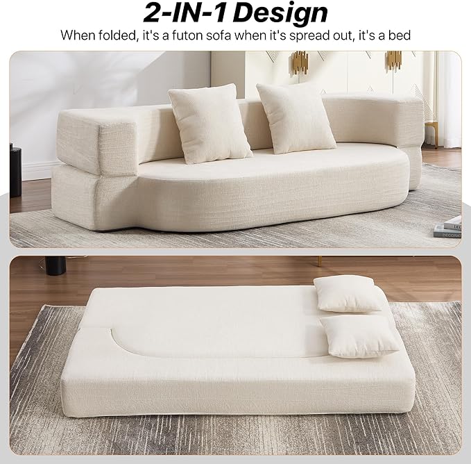 Folding Sofa Bed Convertible Futon Sleeper Bed 2-in-1 Foldable Floor Mattress with 2 Pillows Breathable High-Density Foam Lazy Couch Comfy Lounge Chair Twin Size Beige