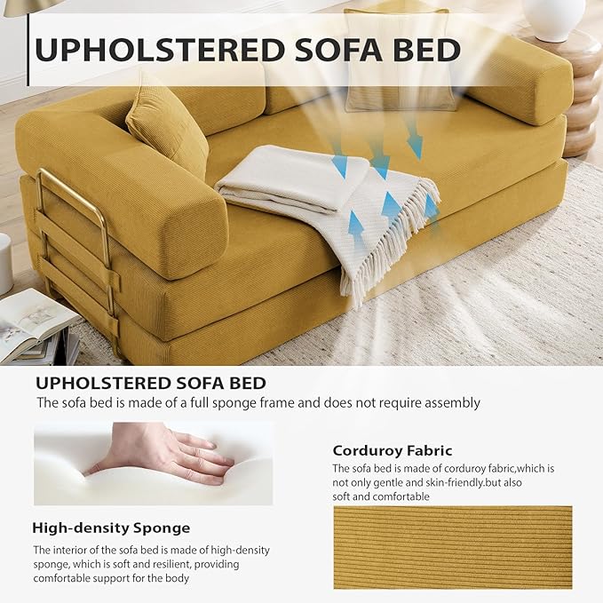 4-in-1 Folding Convertible Sofa Bed 78 Inch Boneless Couch with Fixed-Shape Frame Corduroy Loveseat Sleeper with Pull Out Bed Floor Sofa Modular Futon Couch for Living Room Bedroom Lounge (Yellow)