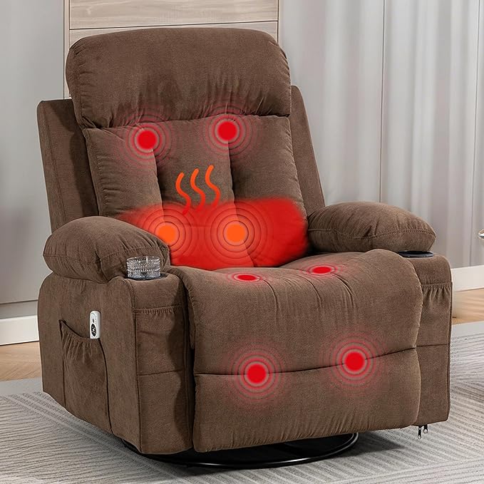 Recliner Chair for Adults with Vibration Massage and Lumbar Heating 360° Swivel Rocker Recliner Glider Chair with Cup Holder and USB Charge Port for Living Room Bedroom Brown