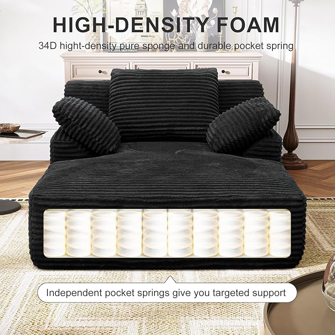 Oversized Chaise Lounge Chair Indoor Corduroy Upholstered Boneless Sofa Bed Deep Seat Sleeper Couch Reading Chairs Cloud Sofas for Living Room No Assembly Required (Black Single Size)
