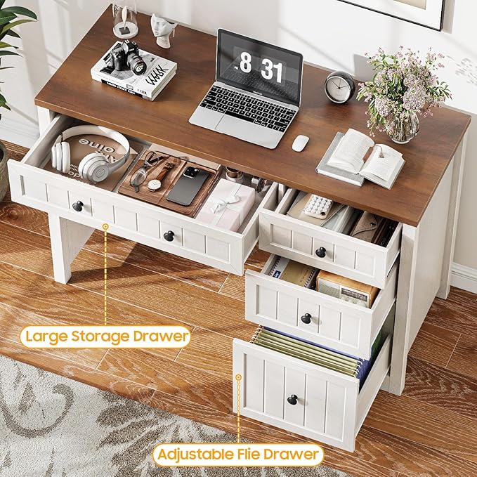 Farmhouse Executive Desk with File Drawer Home Office Desk with 4 Drawers Wood Computer Desk with Storage Rustic Office Desk for Work Study Writing Brown White