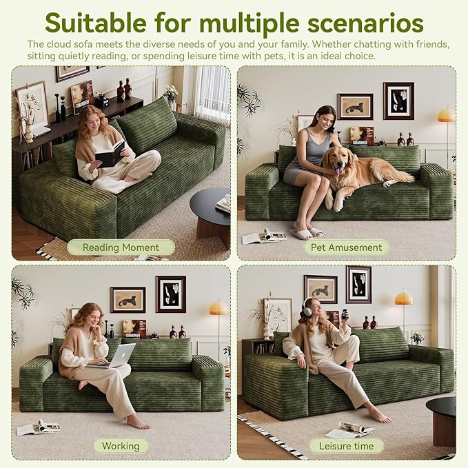 63 Boneless CouchNo Assembly RequiredLoveseat Velvet Couch Soft and Comfortable for Living Rooms Bedroom and Dormitories (Green)