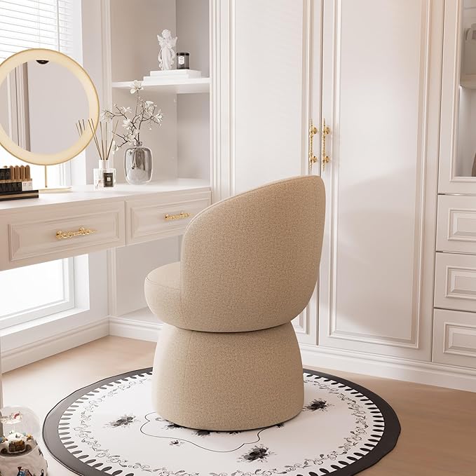 Rowill 360 Degree Swivel Vanity Chair Barrel Textured Accent Chair with Boucle Fabric Modern Khaki Accent Chairs for Living Room Dressing Room Reading Nook