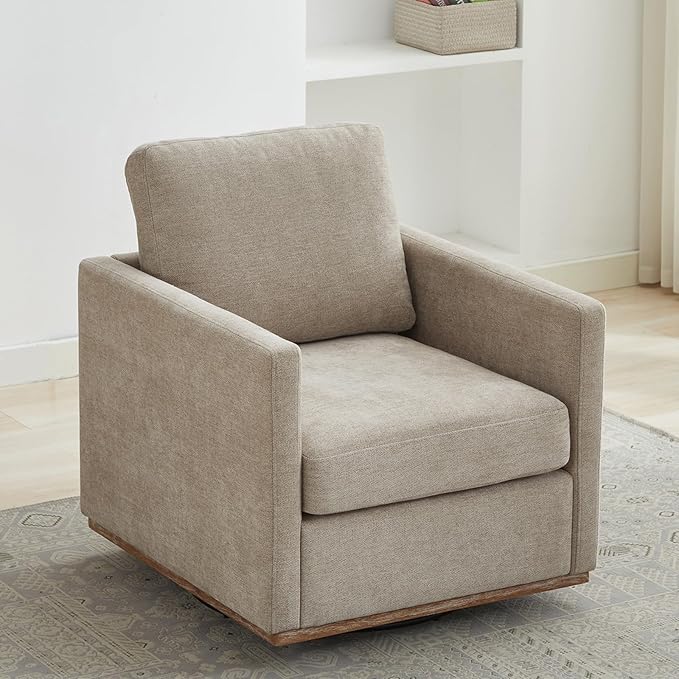 360° Swivel Accent Chair Square Modern Comfy Chair with Metal Base &amp Thicked Cushion Upholstered Lounge Reading Armchair Cozy Cloud Sofa Chairs for Living Room Bedroom Office Club(PU Taupe)