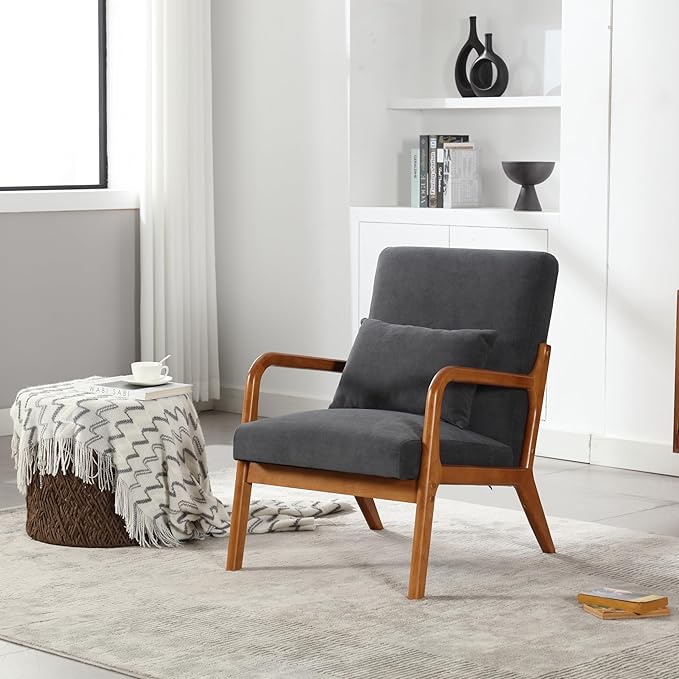 Modern Accent Chair Solid Wood Padding Lounge Armchairs with One Pillow for Living Room Bedroom Guest Room (Gray)