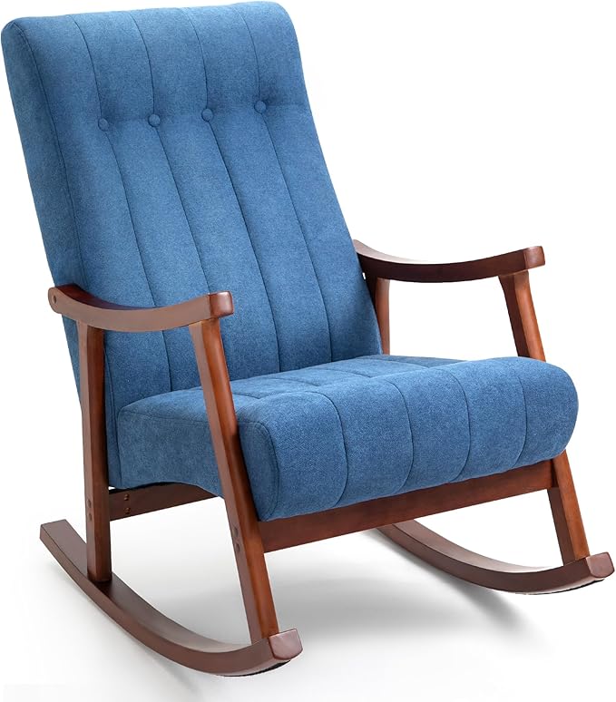 AVAWING Upholstered Rocking Chair with Fabric Padded Seat Comfortable Rocker Solid Wood for Living Room Modern High Back Armchair for Adult (Blue)