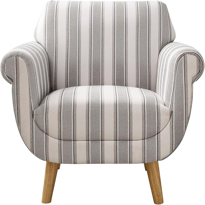VANOMi Mid-Century Accent Chair with Stripe Pattern Modern Linen Fabric Armchair with Wood Legs Club Chair for Living Room Comfy Upholstered Side Chairs for Bedroom Reading Small Place (Grey)