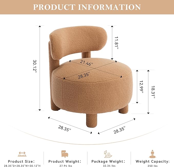 Dgcoab Upholstered Club Chair Curved Back Accent Single Sofa Solid Wood Legs Comfort Single Reading Lounge Sofa Boucle Accent Chair for Living Reading Bedroom Brown