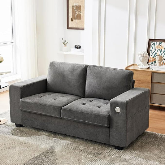 70” Loveseat Sofa Comfy Couches for Living Room Cloud Couch with USB/Type-C Charging Ports &amp Removable Covers Solid Wood Sofa with Wide Armrest Small Couches for Small Space Living Room Grey