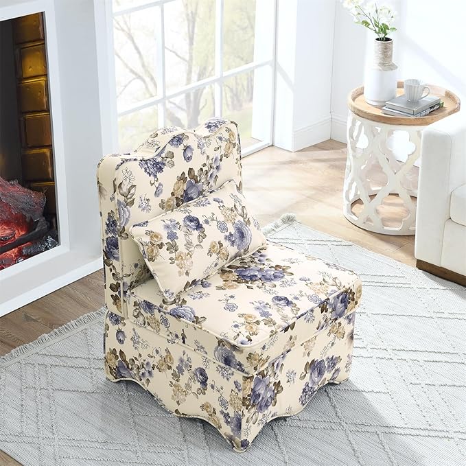 Polibi Retro Single Chair with Flower Pattern and Wave-Shape Edge Flannel Upholstered Armless Sofa Chair with Seat Cushion and Pillow for Living Room Bedroom Blue Flower