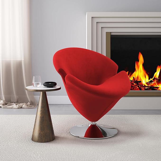 Manhattan Comfort Tulip Swivel Accent Chair Set of 2 with 360° Turn Modern Flower Inspired Design Soft Velvet Upholstery Polished Chrome Base No Assembly Required 300 Lbs Capacity Red