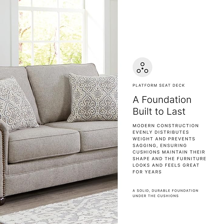 Signature Design by Ashley Gaelon Transitional Loveseat with Nailheads and 2 Accent Pillows Beige