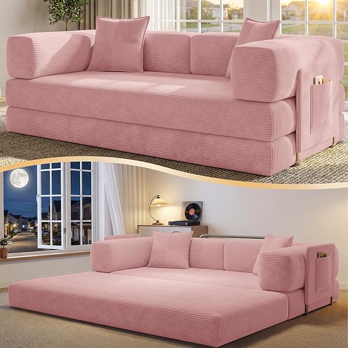 78.8 Convertible Futon Sofa BedCorduroy Futon Couch with Storage PocketFolding Pull Out SofaNo Assembly Boneless Couch for Living Room | Pink