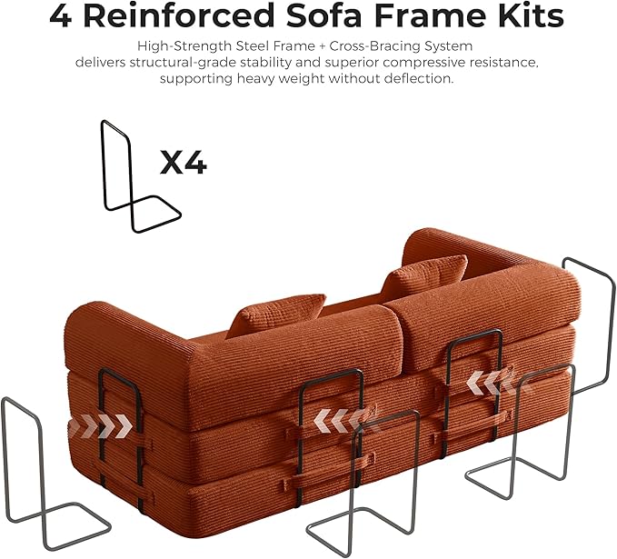 79'' Convertible Sofa Bed 5-in-1 Folding Corduroy Sleeper Couch with Pull Out Bed Oversized Modular Floor Sofa No Assembly Space-Saving Guest Bed for Apartment Living Room Bedroom (Orange) | Conve