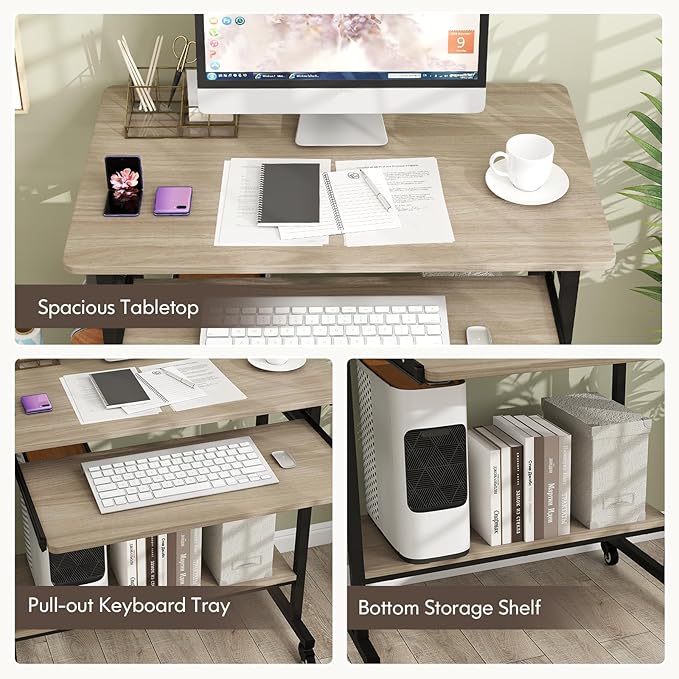 Tangkula Rolling Computer Desk Cart with Keyboard Tray Mobile Portable Laptop PC Desk with CPU Stand &amp 3 Hooks for Sofa &amp Bed Compact Small Desk on Wheels for Small Spaces (Grey)