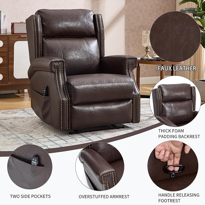 KEIKI Oversized Recliner Chair Manual Leather Recliner Chair with 8 Vibration Back Massager and Heating for Living Room Rocking Chaise Lounge Chair Indoor Antique Brown