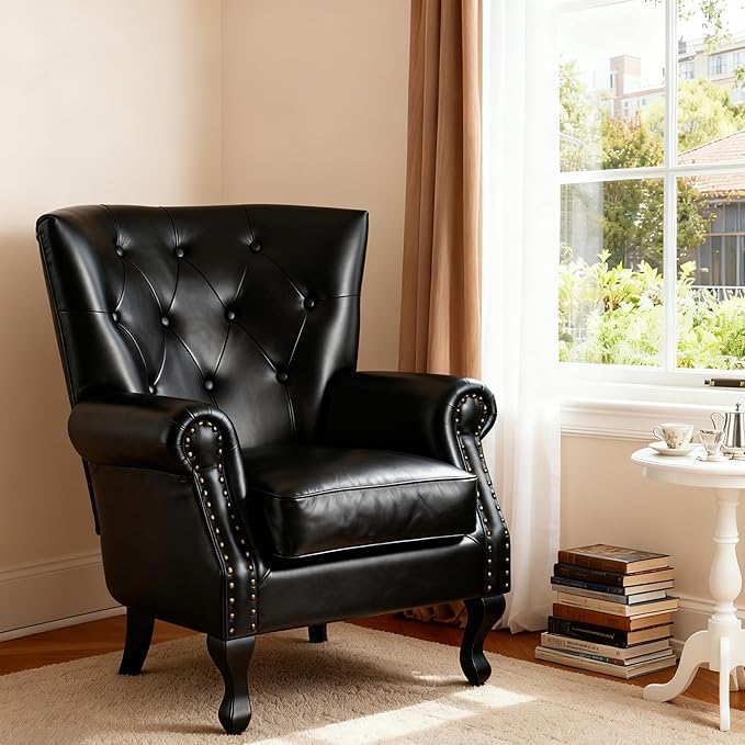 Modern Faux Leather Accent Chair Upholstered Mid-Century Armchair with Solid Wood Legs Single Sofa Chair for Living Room Bedroom or Reading Room（Black）