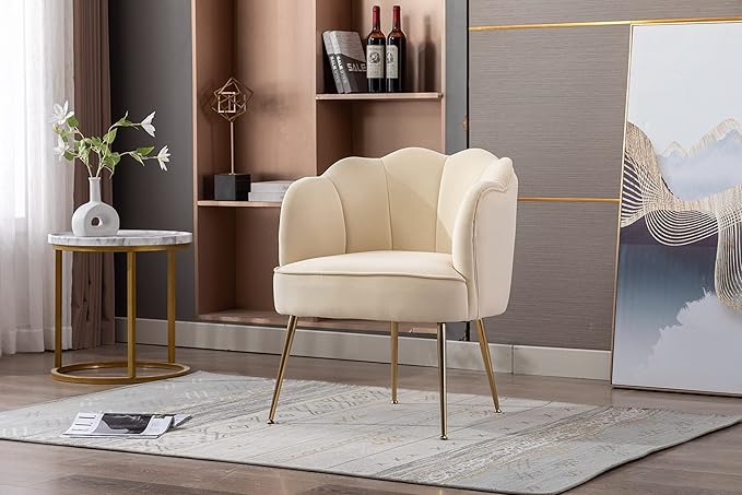 Shell Shape Velvet Fabric Armchair Accent Chair with Gold Legs for Living Room BedroomCreme White